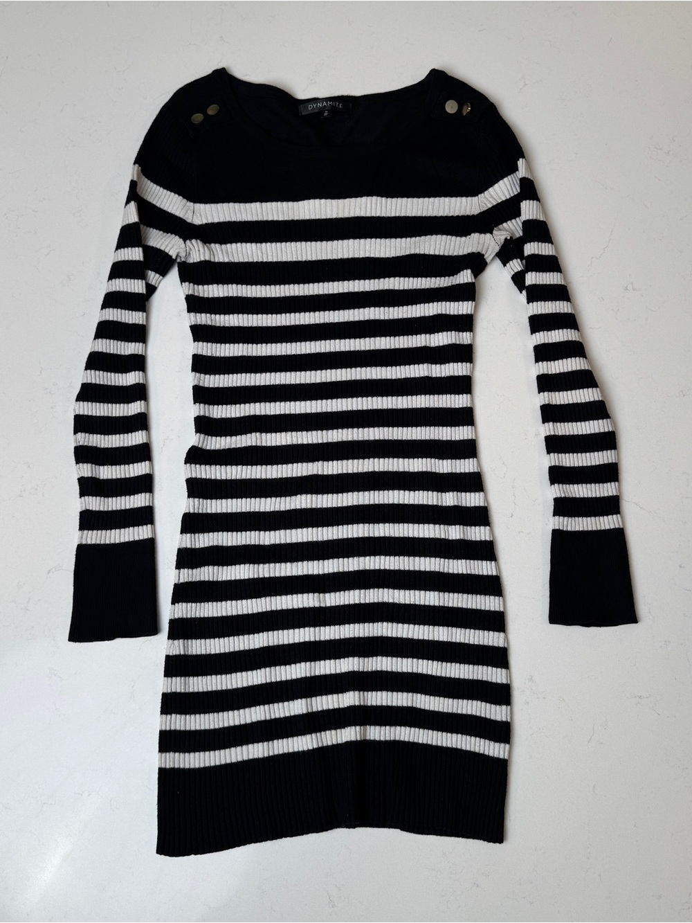 Dynamite Black & White Striped Ribbed Long-Sleeve Dress